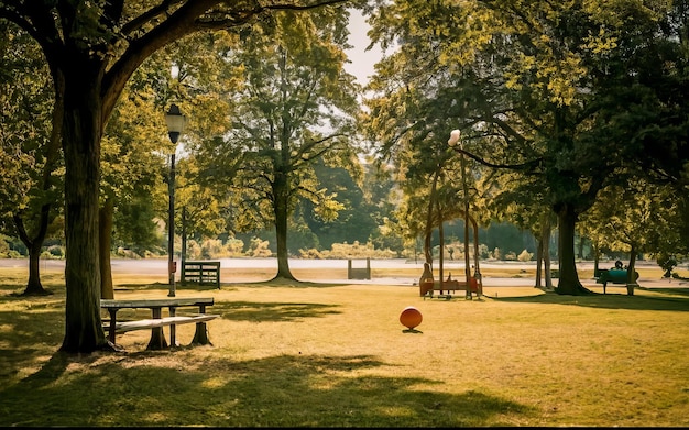 Foto eine frische aufnahme einer park-sitzung mit bänken, bäumen und schaukeln mit einem drachen, einem ball und einem parkzeichen