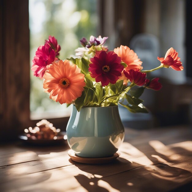 Foto eine frische blume in farbiger vollen blumentopf auf einem hölzernen regal gegen das fenster