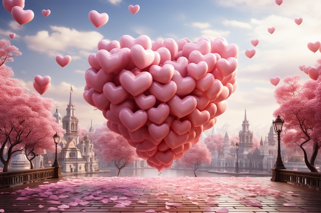 Eine fröhliche 3D-Darstellung feiert den Valentinstag mit herzförmigen Luftballons und Konfetti