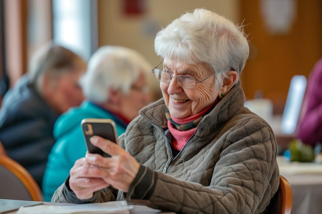 Eine fröhliche ältere Dame genießt Technologie unter Freunden in einer warmen Innenumgebung