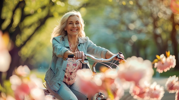 Eine fröhliche ältere Frau fährt Fahrrad in einem blühenden Park, ein gesunder Lebensstil und ein Frühlingskonzept, ein glücklicher älterer Mann genießt Outdoor-Aktivitäten, ein offener Schuss, lebendige Farben, KI.