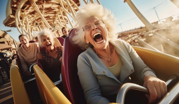 Foto eine fröhliche ältere frau fährt in einem vergnügungspark