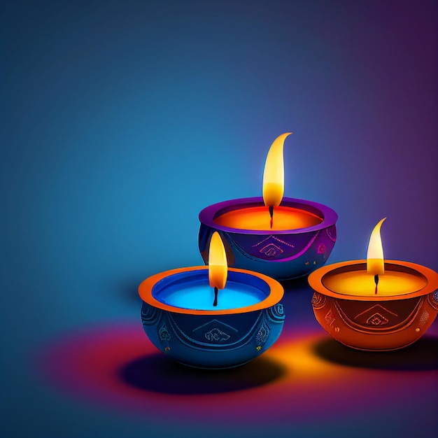 Eine fröhliche Diwali-Kerze in verschiedenen Farben auf blauem Hintergrund
