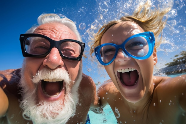 Foto eine fröhliche familie aus mehreren generationen amüsiert sich während der sommerferien im schwimmbad im hinterhof