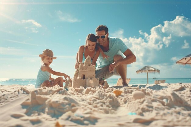 Eine fröhliche Familie baut Sandschlösser am Strand