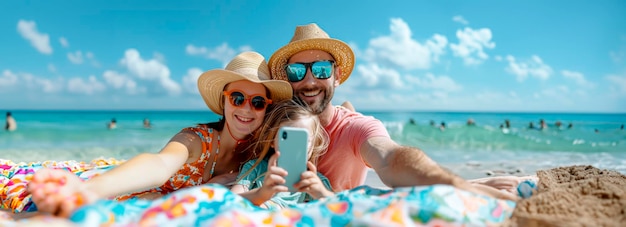 Eine fröhliche Familie fängt Erinnerungen am Strand mit einer lustigen Selfie-Sitzung ein und schafft zusammen unvergessliche Momente FamilyFun BeachDay
