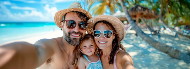 Eine fröhliche Familie genießt Qualitätszeit am Strand und erfasst Erinnerungen mit einem Selfie