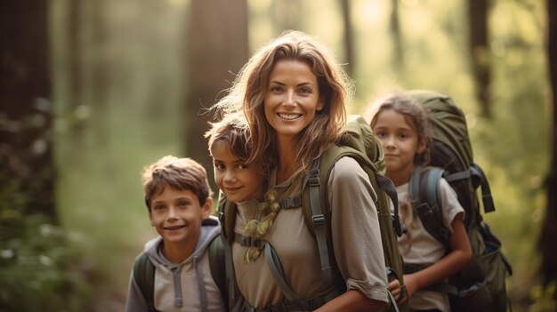 Eine fröhliche Familie ging mit Rucksäcken in die Wildnis.