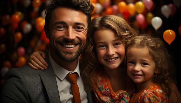 Eine fröhliche Familie lächelt, umarmt sich und blickt in die von künstlicher Intelligenz erzeugte Kamera