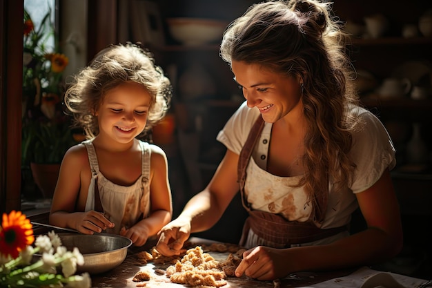 Eine fröhliche Familie macht Brownies und schafft Bindungen und generative Erinnerungen
