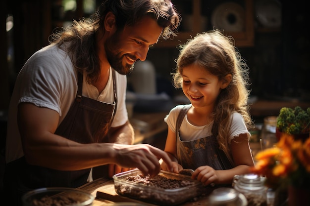 Eine fröhliche Familie macht Brownies und schafft Bindungen und generative Erinnerungen