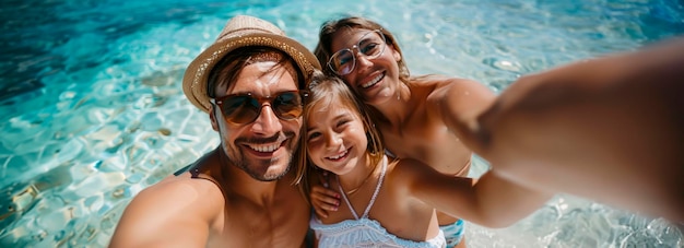 Eine fröhliche Familie macht ein Selfie am Strand, um Erinnerungen einzufangen