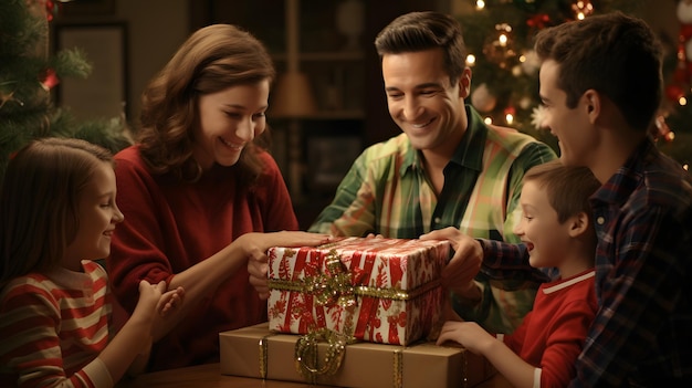 Eine fröhliche Familie packt im Schein eines wunderschön geschmückten Weihnachtsbaums ein Weihnachtsgeschenk aus