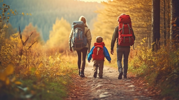 Eine fröhliche Familie wanderte mit Rucksäcken auf generativer KI durch den Wald
