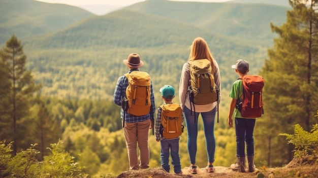 Eine fröhliche Familie wanderte mit Rucksäcken auf generativer KI durch den Wald