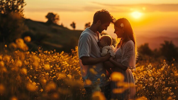 Eine fröhliche Familie zusammen Eltern mit ihrem kleinen Baby genießen einen Sonnenuntergang