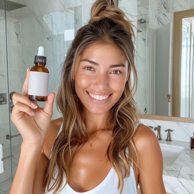 Eine fröhliche Frau in einem hellen Badezimmer hält eine Serumflasche mit einem natürlichen, selbstbewussten Lächeln hoch