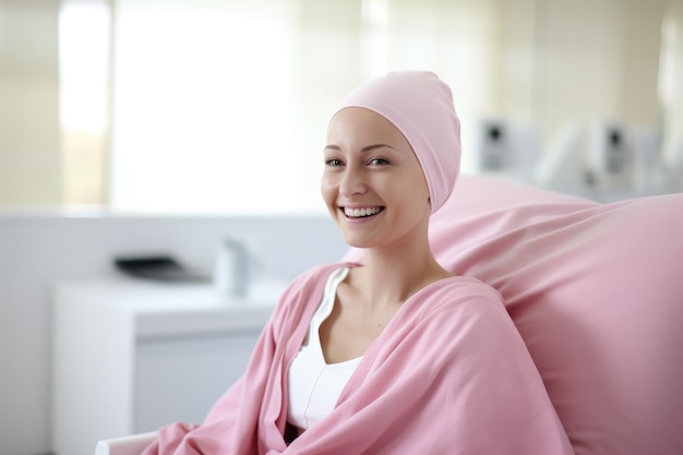 Eine fröhliche Frau mit einem strahlenden Lächeln, die in eine weiche rosa Decke gewickelt ist, eine glückliche Krebspatientin, eine lächelnde Frau nach einer Chemotherapie in der Onkologieabteilung des Krankenhauses.