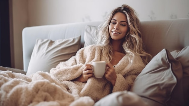 Foto eine fröhliche frau trinkt kaffee, während sie zu hause unter den decken auf der couch sitzt