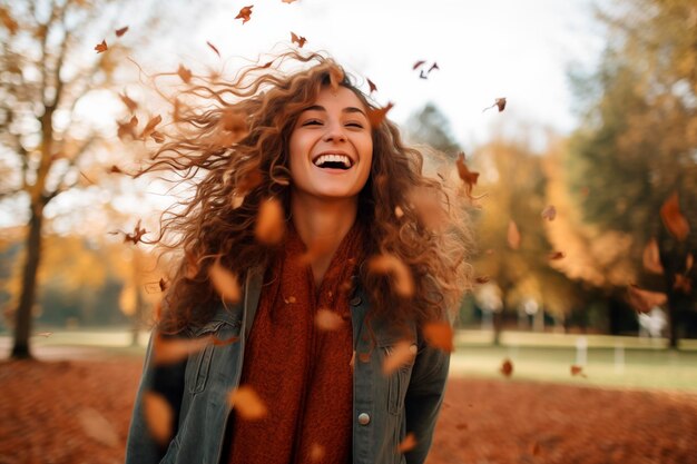 Foto eine fröhliche frau, umgeben von herbstblättern, die glück und energie ausstrahlen