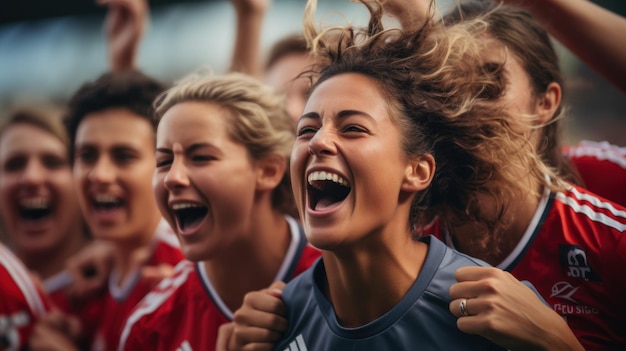 Eine fröhliche Frauenfußballmannschaft feiert den Sieg und macht weiter, während ihre Teamkollegen im Stadion vor Freude jubeln