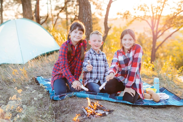 Eine fröhliche Gesellschaft von zwei Mädchen und einem Jungen bei einem Picknick mitten im Wald Kinder braten Würstchen am Feuer essen Brötchen und haben Spaß in der Natur Das Konzept der aktiven Erholung im Sommer