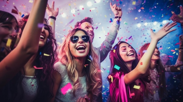 Eine fröhliche Gruppe von Freunden genießt eine Neujahrsparty in einem schönen Nachtclub