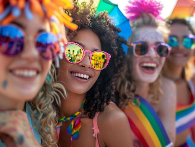 Eine fröhliche Gruppe von Freunden mit bunten Sonnenbrillen und Regenbogen-Outfits feiert zusammen