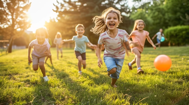 Eine fröhliche Gruppe von Kindern spielt in einem sonnigen Park und jagt fröhlich einen hüpfenden Ball. Ihr Lachen füllt die Luft mit reiner Freude.