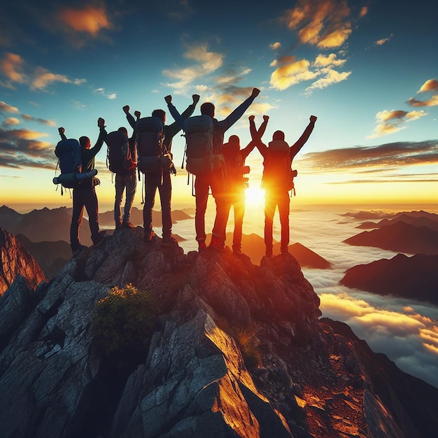 Eine fröhliche Gruppe von Menschen, die bei Sonnenuntergang auf dem Gipfel des Berges jubeln und glücklich sind