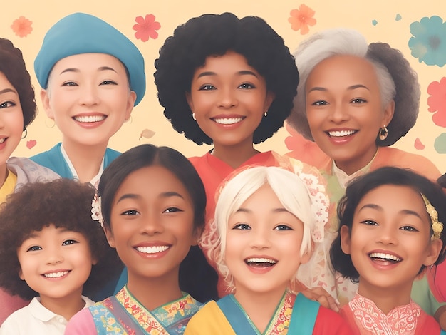 Eine fröhliche Illustration, die eine Gruppe von zehn verschiedenen Charakteren mit lächelnden Gesichtern zeigt