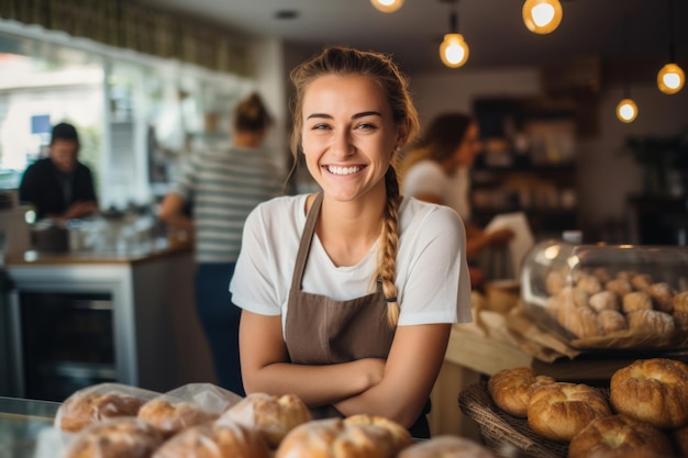 Eine fröhliche junge Dame, die stolz auf ihr Backen ist, bedient Kunden mit Begeisterung in der Bäckerei