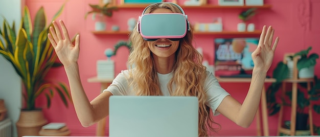 Foto eine fröhliche junge frau amüsiert sich mit einer virtual-reality-brille. eine junge frau genießt eine 3d-simulation in einem studio.