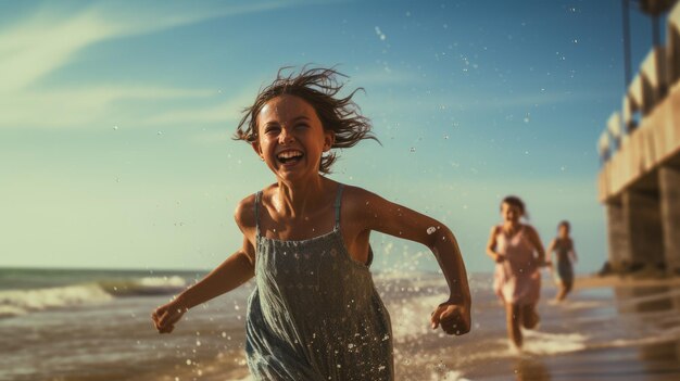 Eine fröhliche junge Frau lacht auf einem schönen Strandurlaub