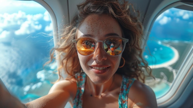 Eine fröhliche junge Frau macht ein Selfie im Flugzeug über einer tropischen Insel