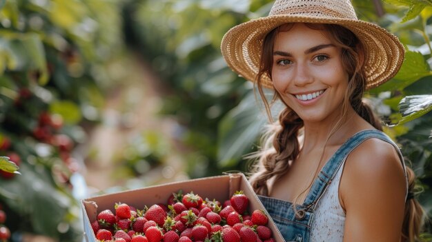 Eine fröhliche junge Frau pflückt im Sommer frische Erdbeeren