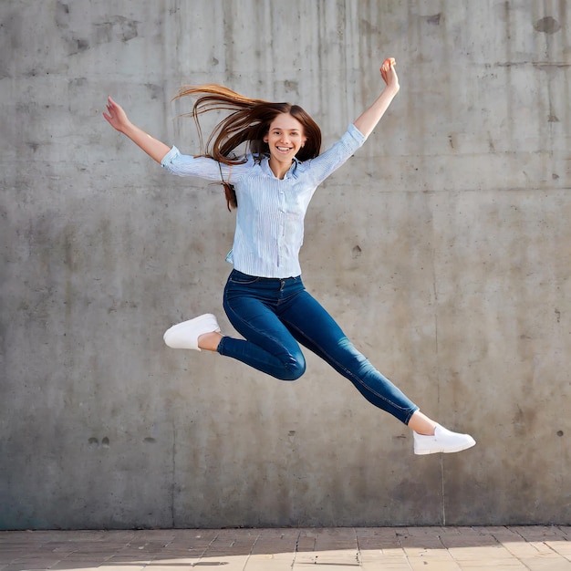 Foto eine fröhliche junge frau springt gegen eine betonmauer