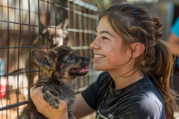 Foto eine fröhliche junge frau umarmt einen entzückenden welpen bei einer adoptionsveranstaltung im sonnigen freien.