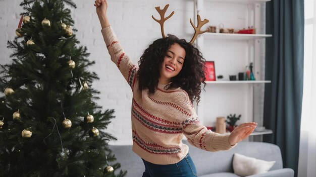 Eine fröhliche, lockige Frau tanzt sorglos, amüsiert sich vor dem Neujahrskonzert, hält einen grünen Tannenbaum wie eine Gita.