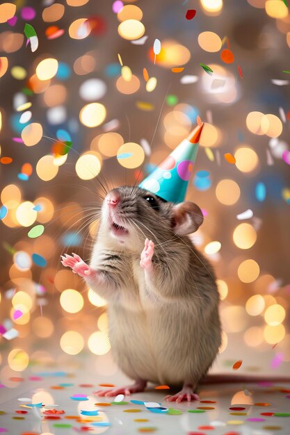 Eine fröhliche Ratte, die einen winzigen Partyhut trägt und fröhlich ein Neujahrs- oder Geburtstagsfest mit funkelnden Bokeh-Lichtern und farbenfrohen Papierkonfetti in der Kulisse feiert