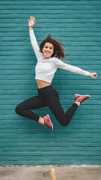 Eine fröhliche, sportliche Frau springt in der Nähe der Wand