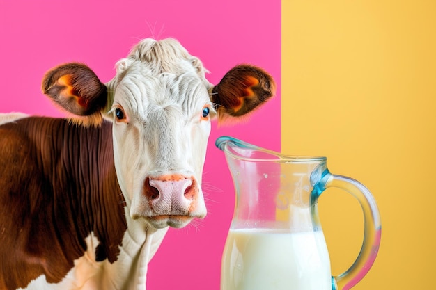 Eine fröhliche und freundliche Kuh neben einem Glaskrug Milch vor einem farbenfrohen Hintergrund