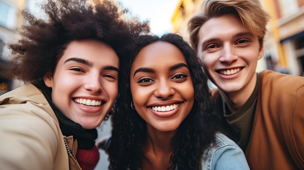 Eine fröhliche und vielfältige Gruppe von Freunden mit einzigartiger ethnischer Zugehörigkeit macht ein unvergessliches Selfie