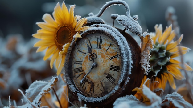 Eine frostbedeckte Uhr und verwelkte Sonnenblumen, die die flüchtige Zeit symbolisieren