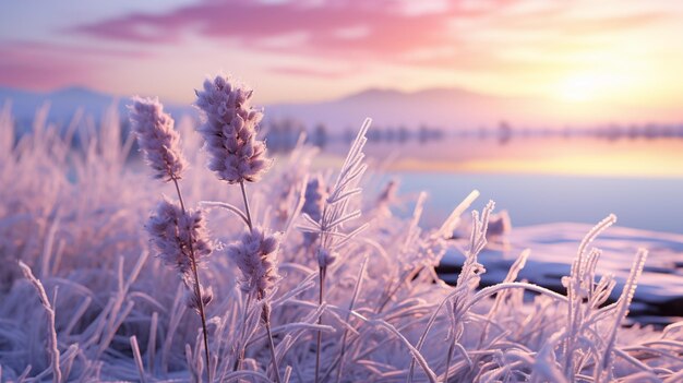 Foto eine frostige morgenszene mit schnee, der ein lavendelfeld bedeckt, das ein magisches winterlavendelfeld erzeugt.