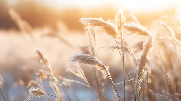 Eine frostige Wintermorgenszene wie gefrorenes Gras auf einem Feld mit einem Hintergrund von kaltem Wetter Generative KI