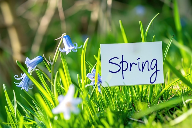 Eine Frühlingskarte inmitten von grünem Gras und blauen Blumen symbolisiert Erneuerung