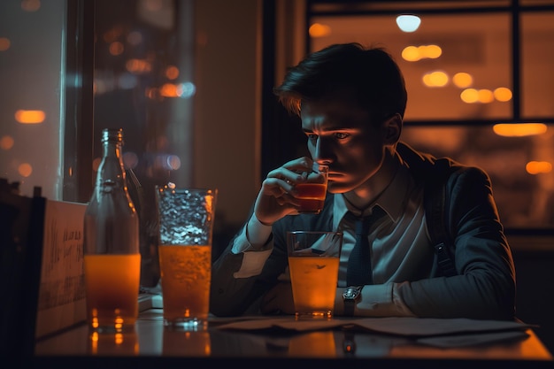 Eine Führungskraft trinkt nach der Arbeit alleine Alkohol an einem von IA generierten Stehtisch