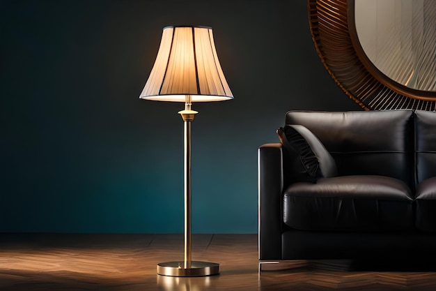 eine Fußbodenlampe mit einer goldenen Basis und einem schwarzen Ledersofa im Hintergrund