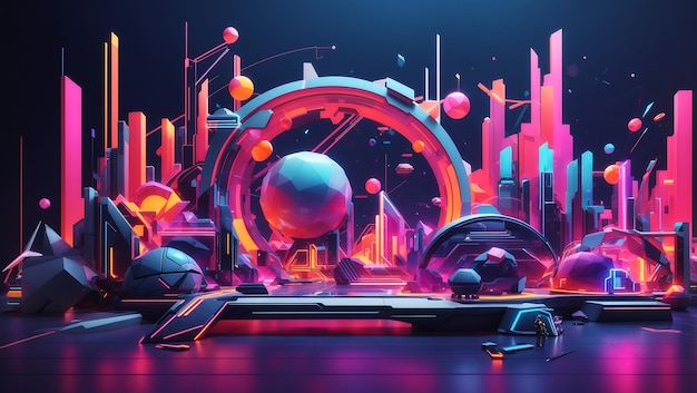 eine futuristische 3D-Welt mit geometrischen Formen und neonfarbenen Spritzern, die auf ein digitales Reich hindeuten